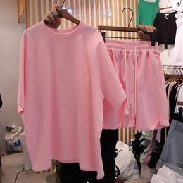 casual tracksuit women 2 piece sets womens outfits o-neck short sleeve t shirt and shorts streetwear female solid loose pink set 210707