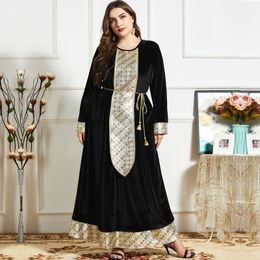 Ethnic Clothing Muslim Fashion Dress Women Embroidery Elegant Golden Jacquard Black Velvet Long Skirt Prom Abaya 2021