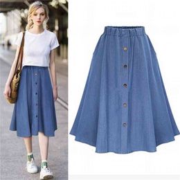 Denim Skirt Women Ball Gown Elastic Waist Buttons Pockets Mid-Calf High Street saia faldas B97398 210421
