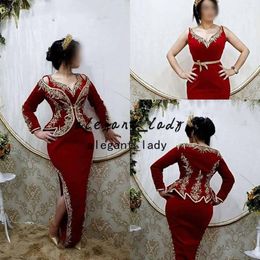 Aso Ebi Arabic Mermaid Evening Dresses with Long Sleeve Jacket 2022 Red Sparkly Crystal Karakou Algerie Split Prom Dress Soirée de Mariage