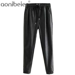 Vintage Stylish Pu Leather Pockets Pant Fashion Elastic Waist Drawstring Tie Ankle Trousers Pantalones Mujer 210604