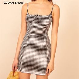 Sexy French Gingham Plaid Print Spaghetti Strap Women Mini Dress Back Zipper Cross Lacing Up Collar Sling Holiday Dresses 210429