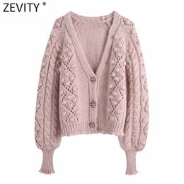 Women Fashion V Neck Ball Crochet Appliques Knitted Sweater Coat Femme Chic Diamond Button Casual Cardigan Tops SW810 210416