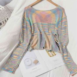 Rainbow Stripe Sweaters Knit Cropped Short Tops V-Neck Long Sleeve Autumn Japan Korean Sweet Pullovers Female GX1164 210506