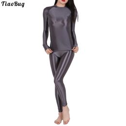 TiaoBug Women Solid Color Glossy Stretchy Two-Piece Set Sport Yoga FitnOutfits Crew Neck Long Sleeve T-Shirt With Leggings X0629