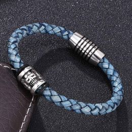 Charm Bracelets Trendy Men Blue Braided Genuine Leather Skull Fashion Stainless Steel Magnetic Clasp Bangles Male Wristband Gift BB198