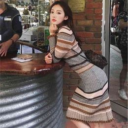 Casual sweater skirt autumn fashion striped knitted dress women slim and thin base sale 210520