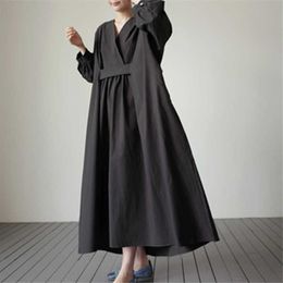Loose Plus-sized Dresses Korean-Style Mid Calf Pullover College-Style V Neck A Line Solid for Women 210615
