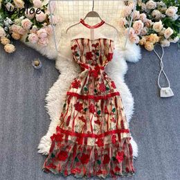Neploe Heavy Work Flower Embroidery Vintage Dress Women O Neck Mesh Short Sleeve Vestido High Waist Hip Print A Line Robe Summer 210423