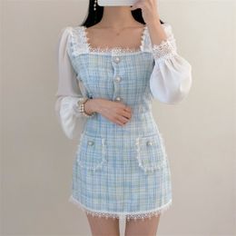 Korea Spring Fashion Temperament Sweet Chiffon Patchwork Tweed Elegant Square Collar Top + High Waist Mini Skirt Suit 210519