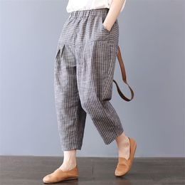 Summer Arts Style Women Elastic Waist Loose Striped Ankle-length Pants Cotton Linen Casual Harem Plus Size S736 210512