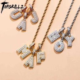 TOPGRILLZ A-Z Ladder Square Ice Cubic Zirconia Alphabet Pendant Necklace Hip Hop Jewelry Gift ROPE CHAIN