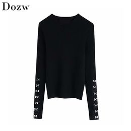 Autumn Winter Casual Pullover Sweater Women O Neck Long Sleeve Basic Jumper Pullovers Fashion Pin Buckles Patch Slim Top 210414