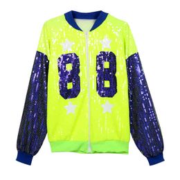 Women Fluorescent Green Orange Silver Letter Digital Sequined Zipper Long Sleeve Bomber Jacket Baseball Uniform C0447 210514