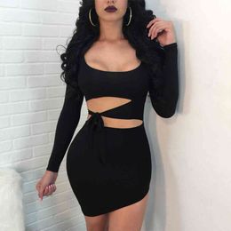Summer Women Elegant Black Hollow Out Long Sleeve Dress Sexy Lady Celebrity Evening Runway Mini Club Party 210423
