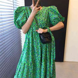 Women Dress Korean Fashion Chic Summer Green Flower Square Neck Lace Up Waist Loose Ruffle Dresses Long Vestido 210529