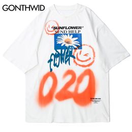 GONTHWID Sunflower Graffiti Face Print Tees Shirts Streetwear Hip Hop Harajuku Casual Tshirts Men Fashion Short Sleeve Tops 210722