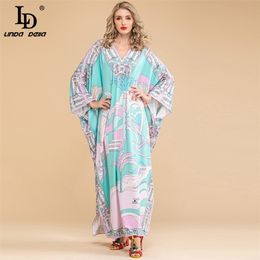 Summer Fashion Loose Plus Size Maxi Dresses Women V Neck Batwing Sleeve Printed Knitting Elastic Long Dress 210522