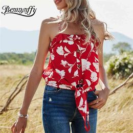 Button Front Ruffle Cami Top Women Summer Boho Holiday Style Print Sleeveless Tie Hem Tops Clothes for 210510