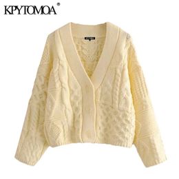 Women Fashion Patchwork Loose Cable-knit Cardigan Sweater V Neck Long Sleeve Female Outerwear Chic Tops 210420