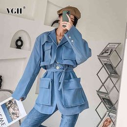 VGH Patchwork Pocket Blazer For Women Notched Long Sleeve High Waist Lace Up Solid Casual Coat Female Fashion New Autumn 210421