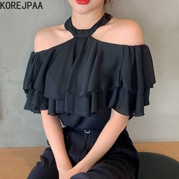 Korejpaa Women Shirt Summer Korean Chic Lady Feminine Halter-Neck Slack Shoulder Double-Layer Ruffled Flying Sleeve Blouse 210526