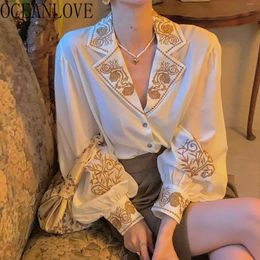 Shirts Embroidered Flroal Vintage Korean Ins Lantern Sleeve Blouse Women Tops Notched Elegant Blusas Mujer 210415