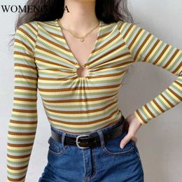 WOMENGAGA Self-made Niche Design Chest Hollow-out Ring Color Stripes All-match Tull Sleeve Tops Sweater Pullovers 5BFS 210603