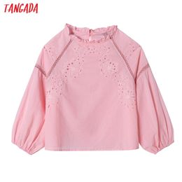 Women Pink Hollow Out Embroidery Romantic Crop Long Sleeve Chic Female Shirt Tops 6H23 210416