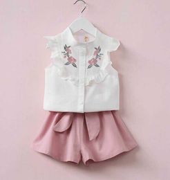 Summer Girl Sets Baby Flower Embroidered Shirt+Bow shorts 2PCS Outfits Suit Clothes 2-6Y LT025 210610