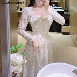 Beading Woman Dress Summer Design High Waist Vestido Female V-neck Show Slim Gentle White Lace Maxi es Clothing 210603