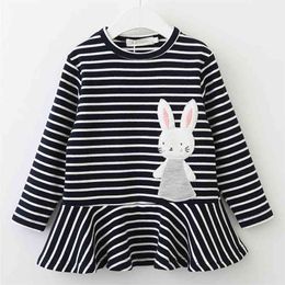 Girls Striped Dress Spring Autumn Kids Girl Cartoon Bunny Dresses Long Sleeve Rabbit Suits Ruffles Clothing 210429
