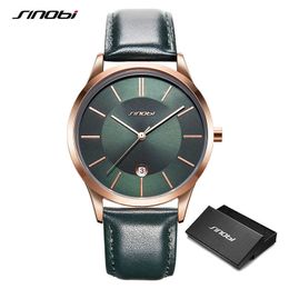 Sinobi High Quality Fashion Men's Watches Stainless Steel Calender Male Quartz Wristwatch Green Leather Strap Clock Reloj Hombre Q0524