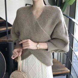 Thick Warm Korean Cross V-neck Knitwear Pullover Sweater Women Autumn Winter Pull Loose Casual Ladies Elegant Tops Jumper 210514