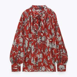 Za Tied Print Blouse Women Bow Long Balloon Sleeve Vintage Top Female Fashion Floral Office Wear Red Shirt 210602