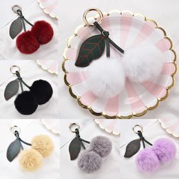 Fashion New Cute Fluffy Artificial Rabbit Fur Ball Pompom Leaf Sweet Keychain Cherry Car Key Ring Handbag Pendant Women Gifts