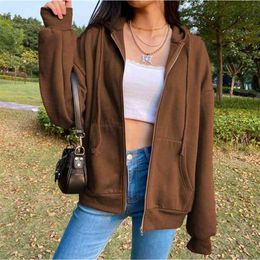 Jacket Overseas for Women Streetwear Top Brown Zip Up Sweatshirt Zip Up Hoodie Y2K Egirl Oversize Hoodies Long Sleeve Pullover 210909