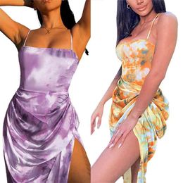 Women Summer Fashion Print Off-Shoulder Suspender Dress Slim Fit Pleated Split Nightclub Mid-waist One-piece Bodycon Dress 210331