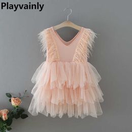 Girls Party Dresses V neck Feather Fluffy Tulle Cake Dress Princess for Wedding Show Baby Clothes E1955 210610