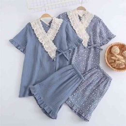 Japanese style kimono ladies solid color short sleeve + shorts pure cotton double gauze pajamas sleep pants suit plus size 210830