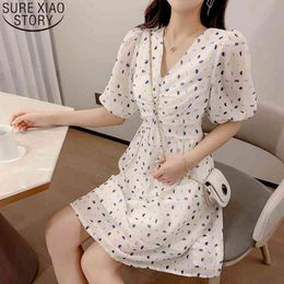 Summer Fashion Print Dress Women Short Sweet Knee Length Casual Dresses Lantern Sleeve V-neck Robe 14087 210417