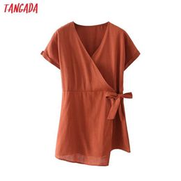 Tangada Fashion Women Solid Summer Playsuit Bow Short Sleeve Female Playsuit DA62 210609