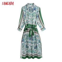 Tangada Fashion Women Green Flowers Print Shirt Dress with Slash Vintage Long Sleeve Office Ladies Midi Dress BE746 210609