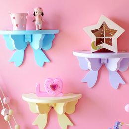 Hooks & Rails Japanese Pink Bow Storage Rack Wall-mounted Wooden Shelves For Girl Kids Room Decoration Organiser Holder Bedroom Decor Frame