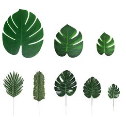 faux green leaves UK - Decorative Flowers & Wreaths 62 Pcs Simulated Monstera Tropical Leaves Palm Faux Decoration Green Jungle Party Set For Hawaiian Luau The