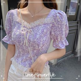 Korean Style Floral Blouse and Tops Woemen Short Sleeve Elegant Casual Shirts Female Design Lace Kawaii Top Summer Outwear 210521