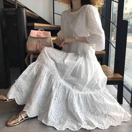 Summer Women Dress Casual Short Sleeve Vintage White Hollow Lady Lace Long Send Free Vest 210520