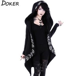 Gothic Punk Black Long Women Hoodies Sweatshirts Autumn Moon Print Sleeve Hoodie Loose Coat Hooded Sweatshirt 210805