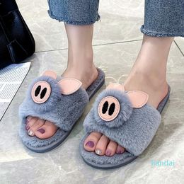Slippers 2021 Est Funny Cartoon Pig Ladies Fur Bedroom Flat Girls Gift Plush Shoes Indoor Nose Women Fluffy
