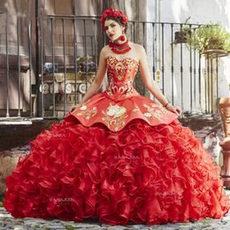 Charro Red Quinceanera Dresses Emproidery Beading Ruffles Skirt Sweet 16 Gowns Vestidos De Xv Años Girl Prom Party Wear